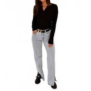 NEW BEIGE BOTANY ribbed henley basic top in black